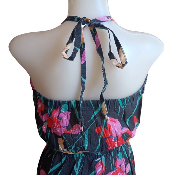 Medium Vintage 70's Sears Floral Halter Dress Elastic Waist Tie Back Flowers - Picture 2 of 9